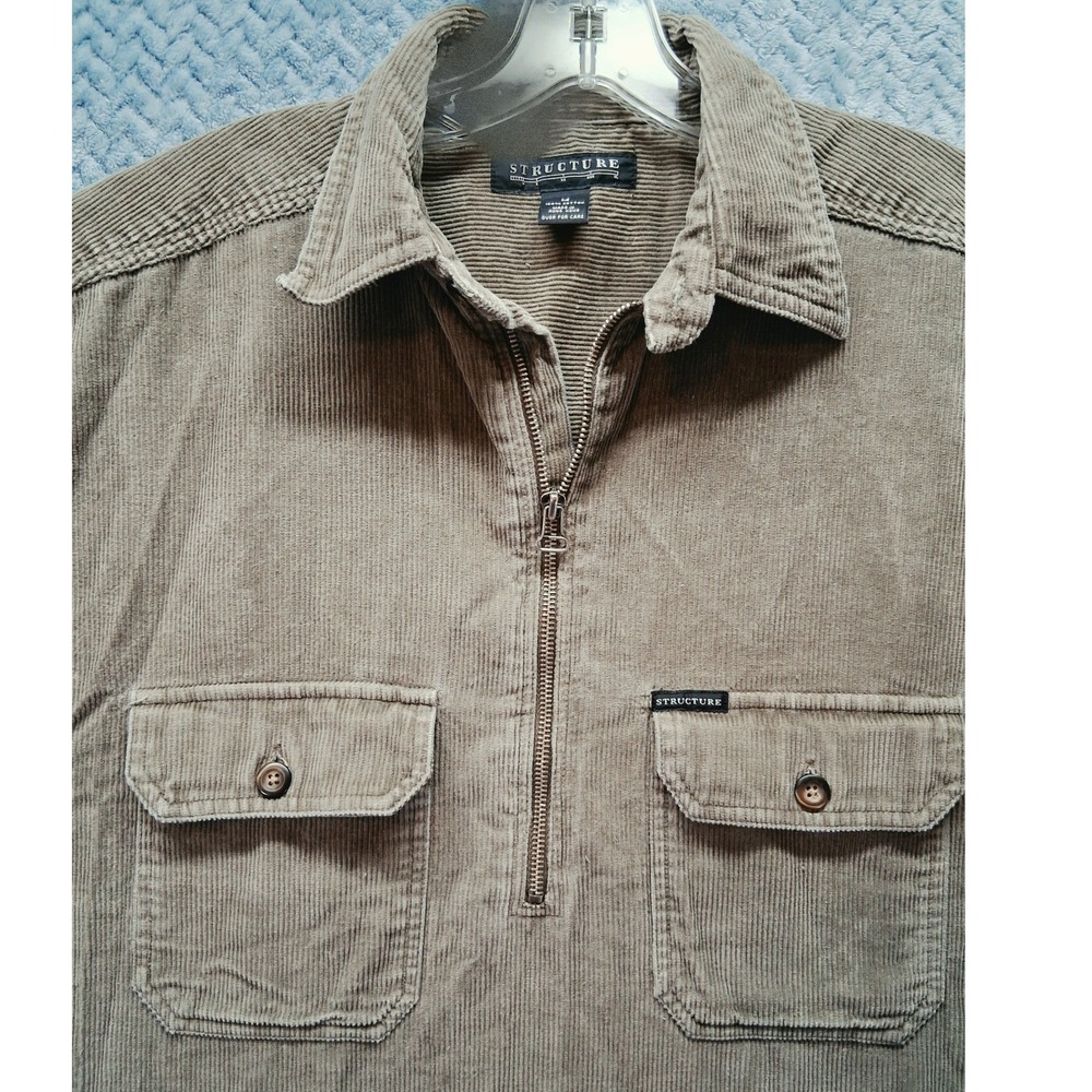 Vintage Structure Mens Medium Corduroy Quarter Zip Shirt Taupe Brown 100% Cotton